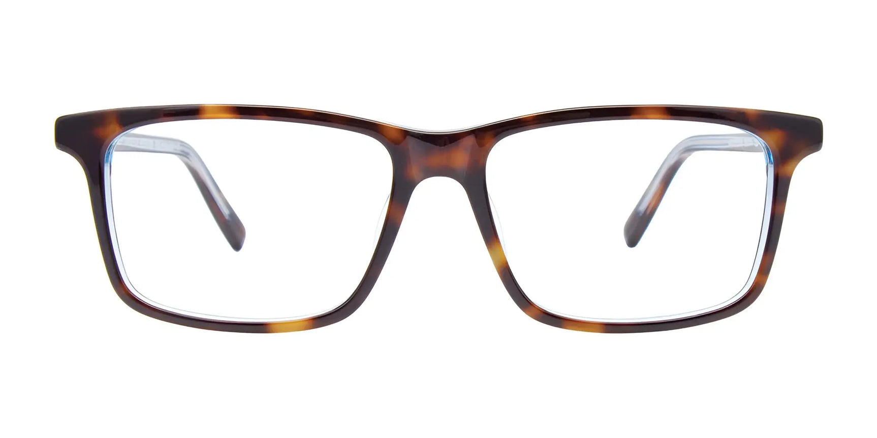 EasyClip EC516 rectangular tortoiseshell eyeglasses, size 50, with clear prescription-ready lenses and included clip-on sunglasses, shown from the front on a white background. EasyClip EC516 rectangular tortoiseshell eyeglasses, size 50, with clear prescription-ready lenses and included clip-on sunglasses, shown from the front on a white background.