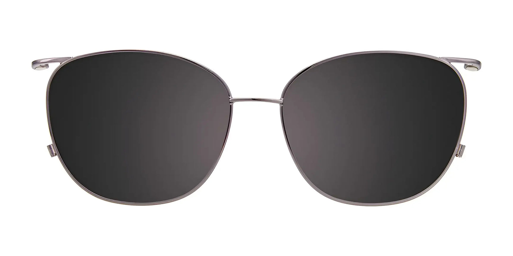 EasyClip EC518 Eyeglasses with Clip-on Sunglasses, Size 54, by EasyClip—featuring a thin silver metal frame and black-lens polarized clip, shown front-facing on a white background. EasyClip EC518 Eyeglasses with Clip-on Sunglasses, Size 54, by EasyClip—featuring a thin silver metal frame and black-lens polarized clip, shown front-facing on a white background.