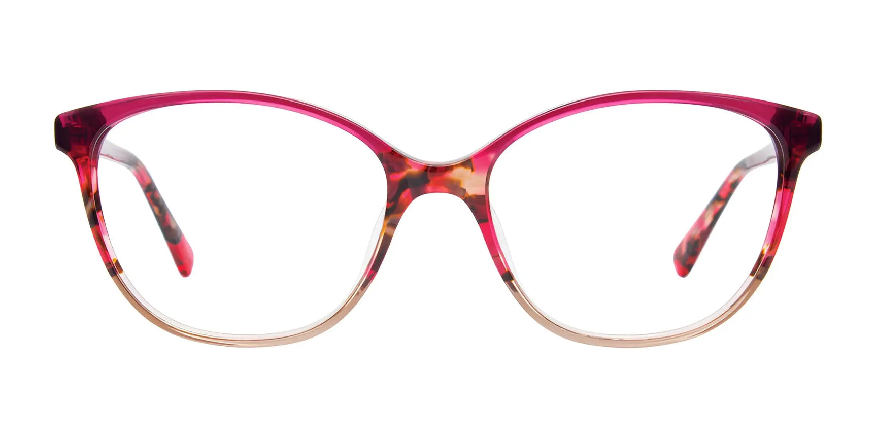 EasyClip EC518 Eyeglasses with Clip-on Sunglasses, shown in pink and tortoiseshell cat-eye style with clear lower rims on a white background. Enjoy versatile style and sun protection with included polarized clip-ons. Size 54. EasyClip EC518 Eyeglasses with Clip-on Sunglasses, shown in pink and tortoiseshell cat-eye style with clear lower rims on a white background. Enjoy versatile style and sun protection with included polarized clip-ons. Size 54.