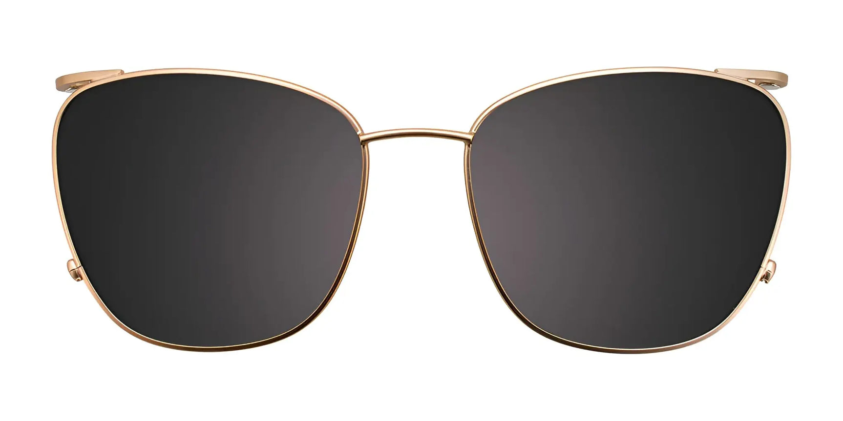 EasyClip EC519 Eyeglasses by EasyClip shown on a white background, featuring gold frames with large dark clip-on polarized sunglasses for added versatility. EasyClip EC519 Eyeglasses by EasyClip shown on a white background, featuring gold frames with large dark clip-on polarized sunglasses for added versatility.