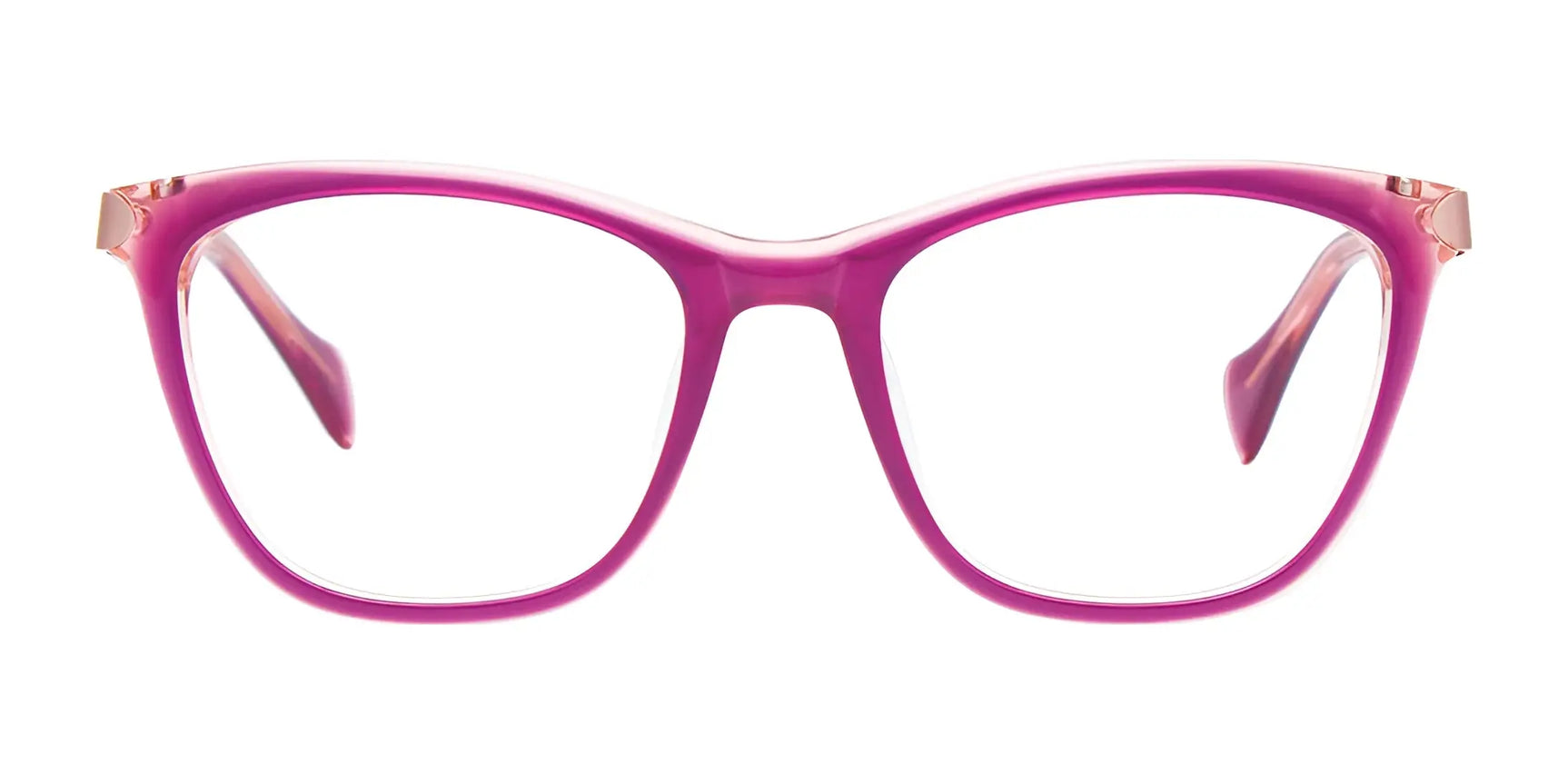 A pair of EasyClip EC519 Eyeglasses with Clip-on Sunglasses by EasyClip, featuring rectangular frames in pink, displayed on a white background. A pair of EasyClip EC519 Eyeglasses with Clip-on Sunglasses by EasyClip, featuring rectangular frames in pink, displayed on a white background.