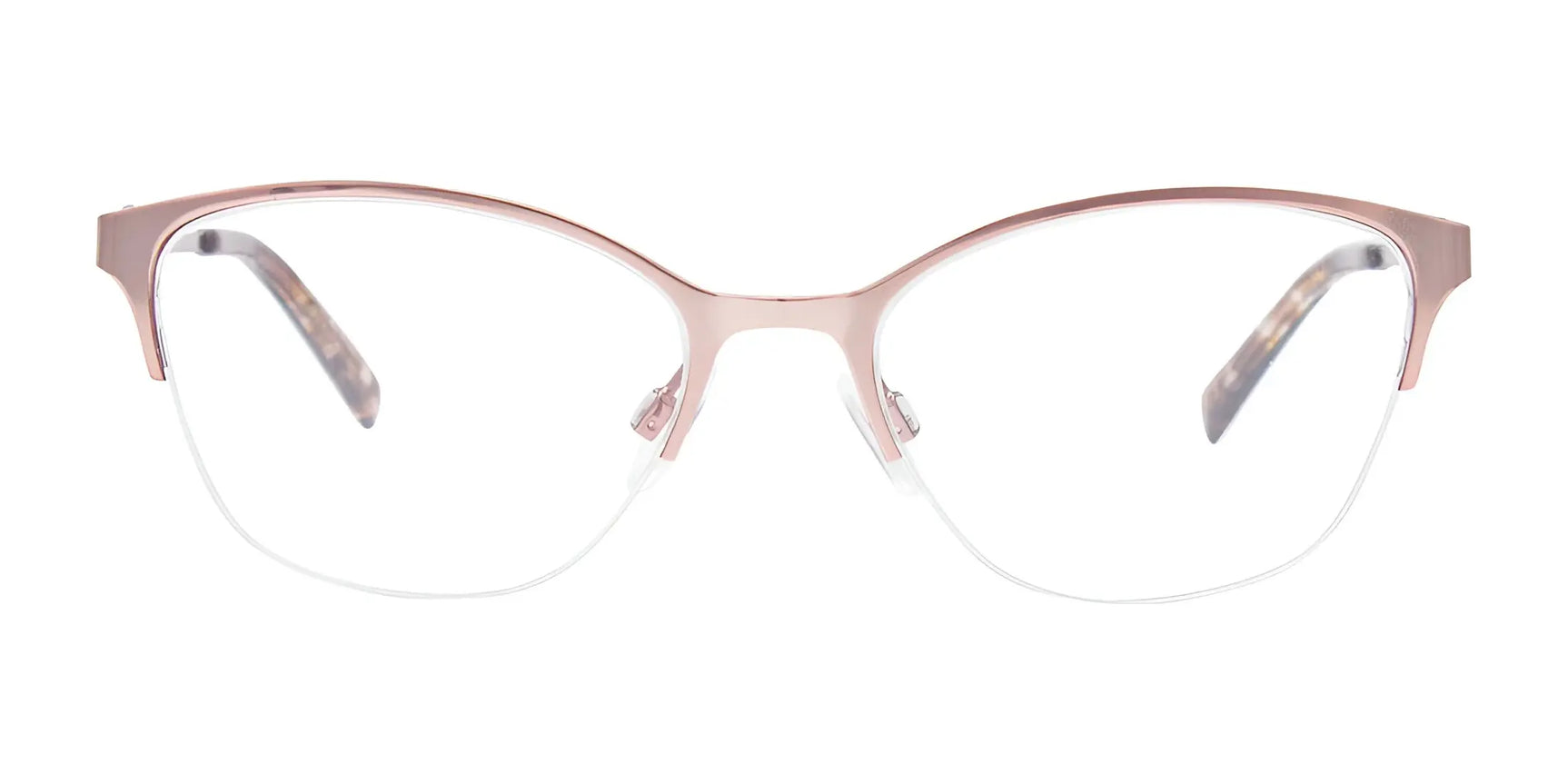 EasyClip EC521 Eyeglasses with Clip-on Sunglasses in rose gold half-rim, shown front-facing with clear lenses on a white background for a stylish look. EasyClip EC521 Eyeglasses with Clip-on Sunglasses in rose gold half-rim, shown front-facing with clear lenses on a white background for a stylish look.