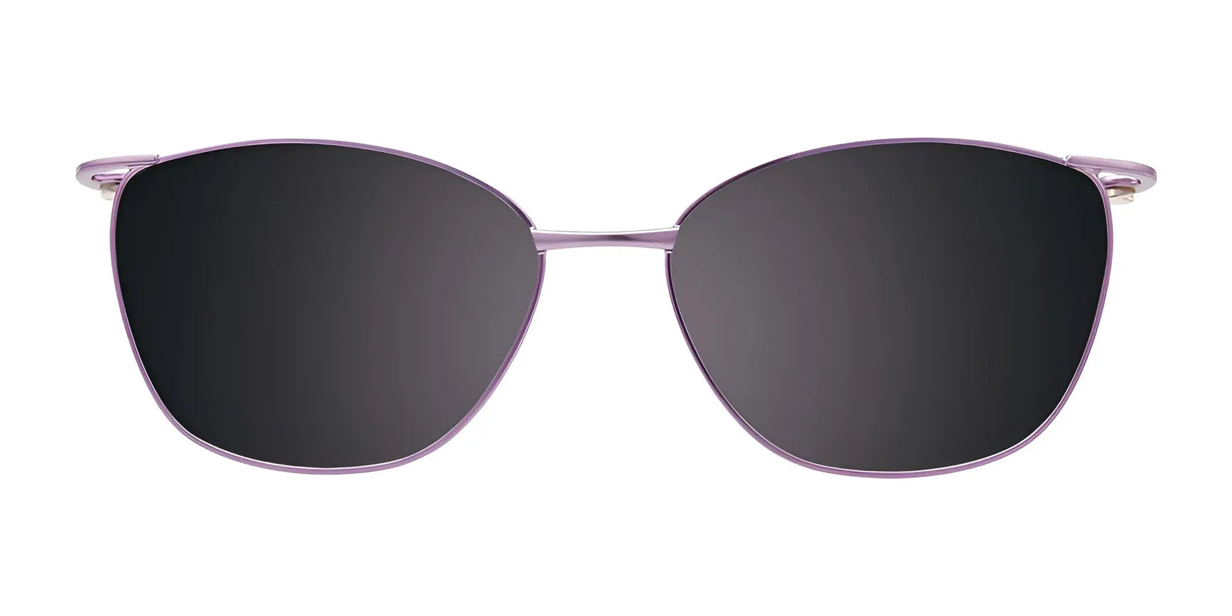 Front view of EasyClip EC521 Eyeglasses with Clip-on Sunglasses (Size 52) by EasyClip, featuring thin, light purple frames and black lenses on a white background. Front view of EasyClip EC521 Eyeglasses with Clip-on Sunglasses (Size 52) by EasyClip, featuring thin, light purple frames and black lenses on a white background.