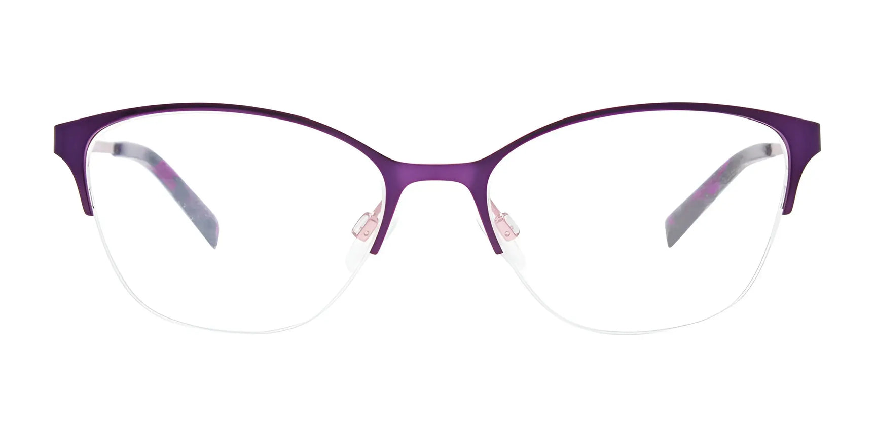 The EasyClip EC521 Eyeglasses with Clip-on Sunglasses, size 52, feature a purple and silver semi-rimless frame and clear lenses—fashion-forward eyewear from EasyClip, shown front-facing on a white background. The EasyClip EC521 Eyeglasses with Clip-on Sunglasses, size 52, feature a purple and silver semi-rimless frame and clear lenses—fashion-forward eyewear from EasyClip, shown front-facing on a white background.
