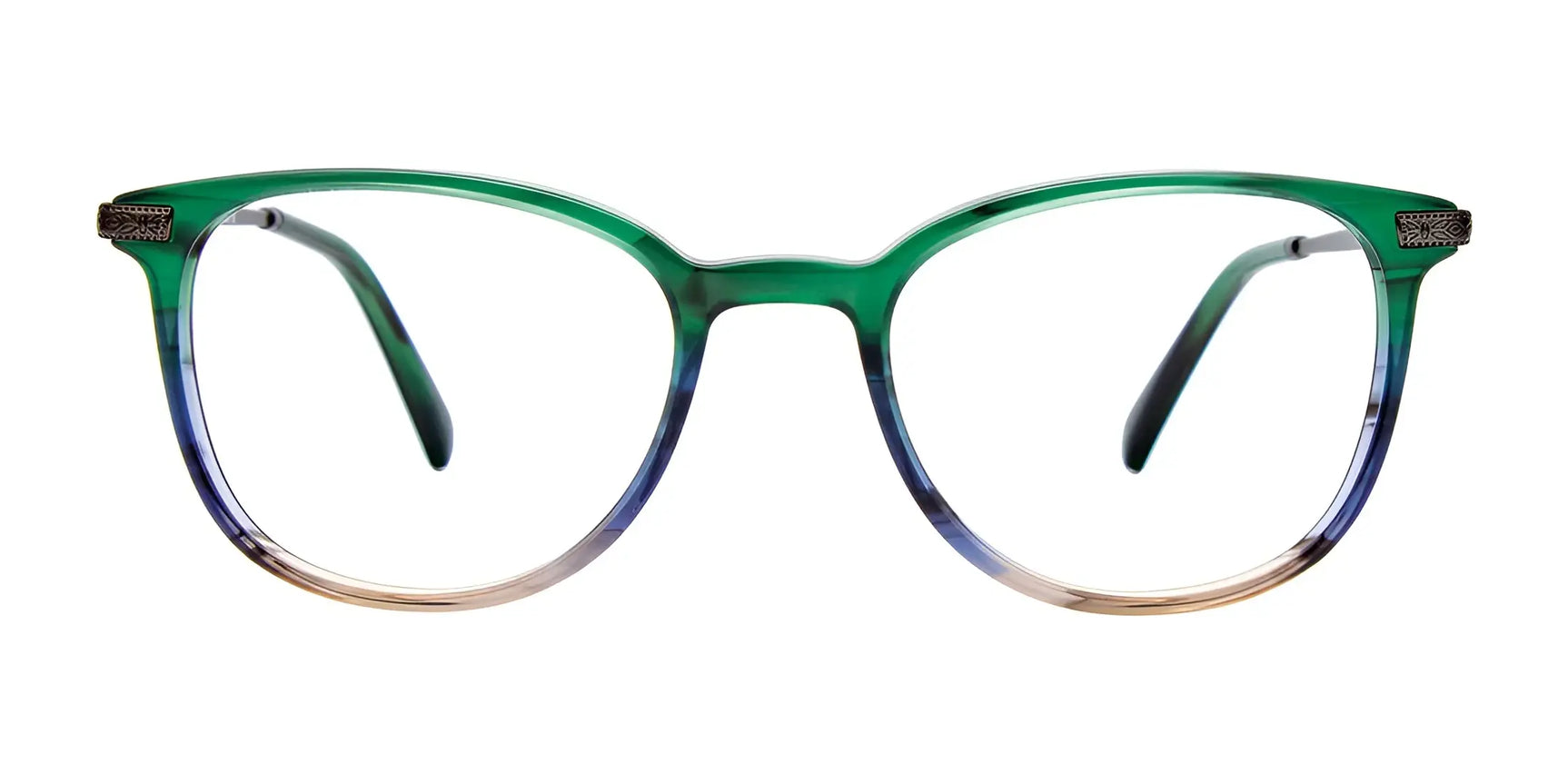 EasyClip EC525 Eyeglasses with Clip-on Sunglasses, size 48, in a green and clear gradient round frame by EasyClip, shown from the front on a white background. EasyClip EC525 Eyeglasses with Clip-on Sunglasses, size 48, in a green and clear gradient round frame by EasyClip, shown from the front on a white background.