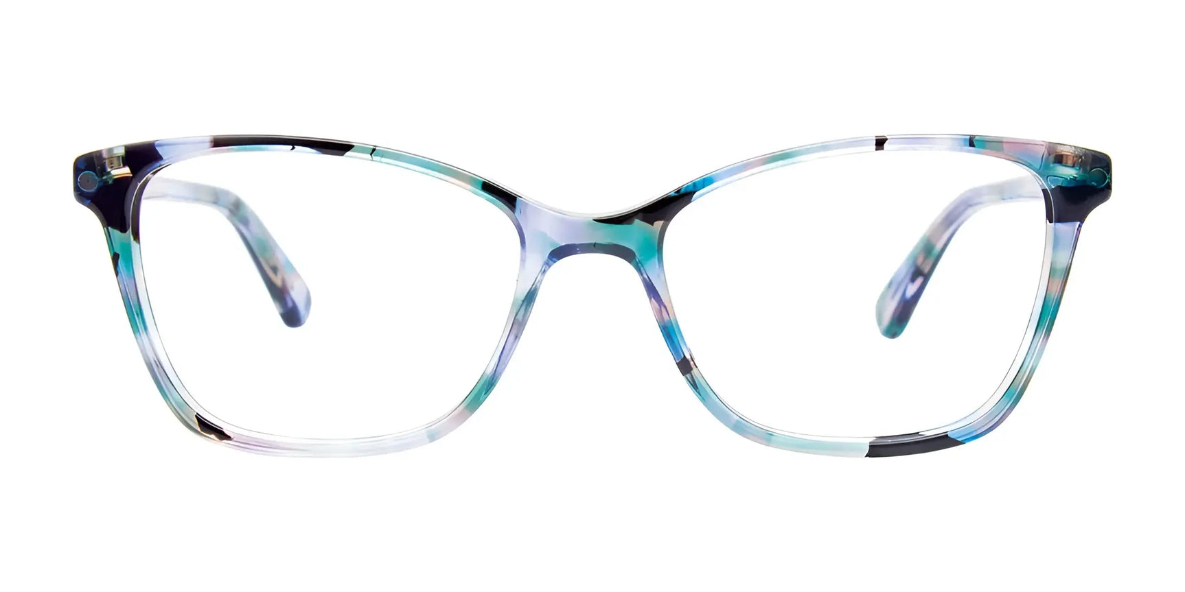 The EasyClip EC526 Eyeglasses in size 50 feature a cat-eye shape and a light blue, teal, and black marbled front. Convenient clip-on sunglasses offer seamless style and sun protection. Brand: EasyClip. The EasyClip EC526 Eyeglasses in size 50 feature a cat-eye shape and a light blue, teal, and black marbled front. Convenient clip-on sunglasses offer seamless style and sun protection. Brand: EasyClip.