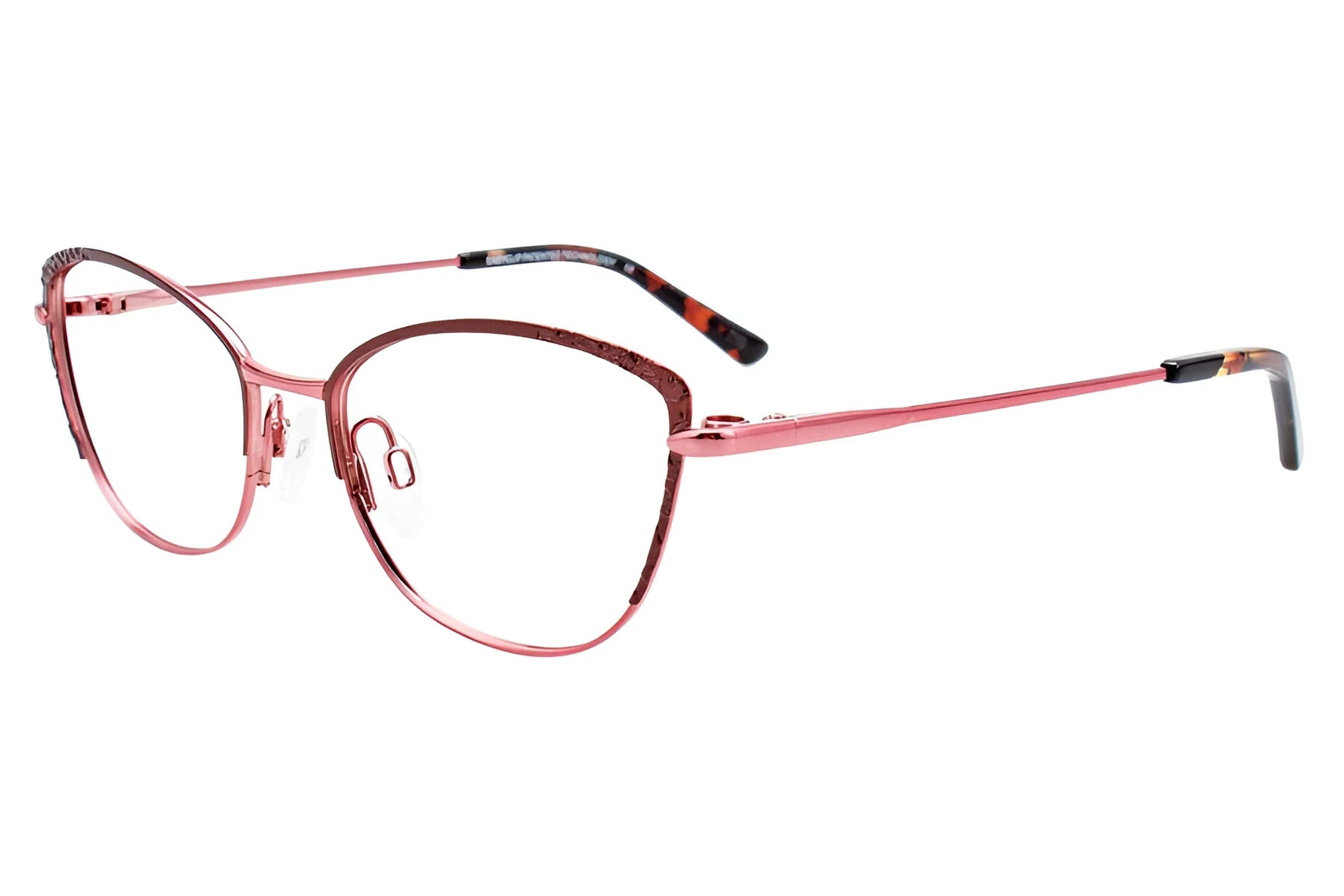 Satin dark brown & shiny pink metal cat-eye EasyClip EC527 Eyeglasses (Size 52) with thin arms are shown on a white background, combining style and optimal vision correction for daily wear. Satin dark brown & shiny pink metal cat-eye EasyClip EC527 Eyeglasses (Size 52) with thin arms are shown on a white background, combining style and optimal vision correction for daily wear.