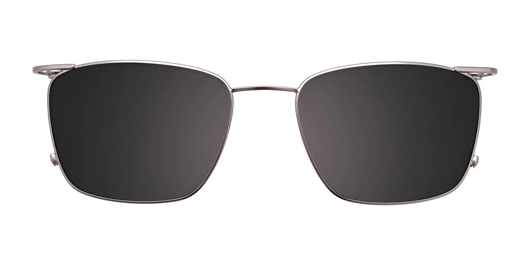 Front view of EasyClip EC529 Eyeglasses with Clip-on Sunglasses by EasyClip, size 54—square metal frames with dark polarized clip-on lenses; these are also prescription ready, shown on a white background. Front view of EasyClip EC529 Eyeglasses with Clip-on Sunglasses by EasyClip, size 54—square metal frames with dark polarized clip-on lenses; these are also prescription ready, shown on a white background.