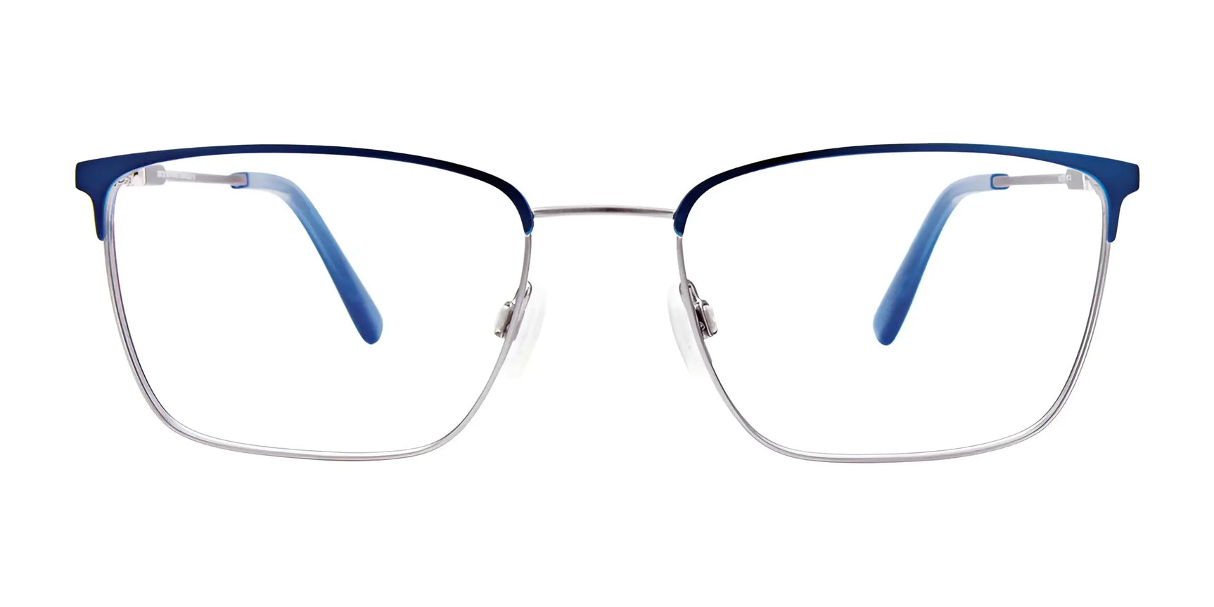 EasyClip EC529 rectangular eyeglasses in blue and silver with clear, prescription-ready lenses and clip-on sunglasses, size 54, shown against a white background. EasyClip EC529 rectangular eyeglasses in blue and silver with clear, prescription-ready lenses and clip-on sunglasses, size 54, shown against a white background.