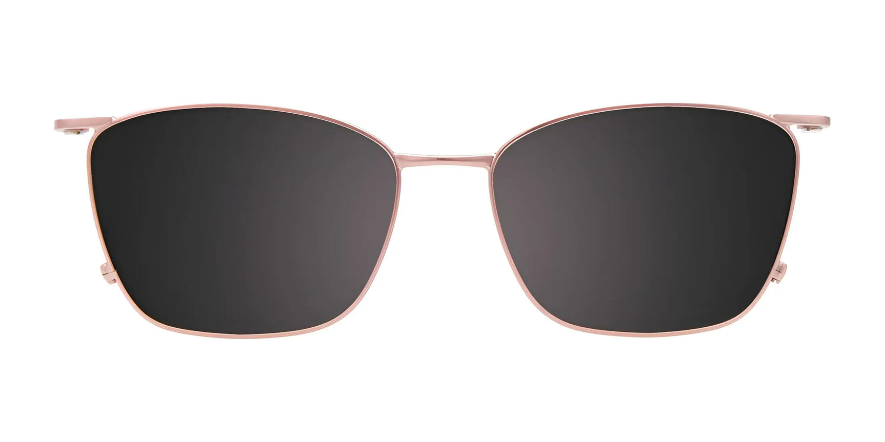 EasyClip EC532 Eyeglasses with Clip-on Sunglasses in rose gold metal, featuring square black polarized lenses for UV protection. Shown from the front on a white background. Size 54. EasyClip EC532 Eyeglasses with Clip-on Sunglasses in rose gold metal, featuring square black polarized lenses for UV protection. Shown from the front on a white background. Size 54.