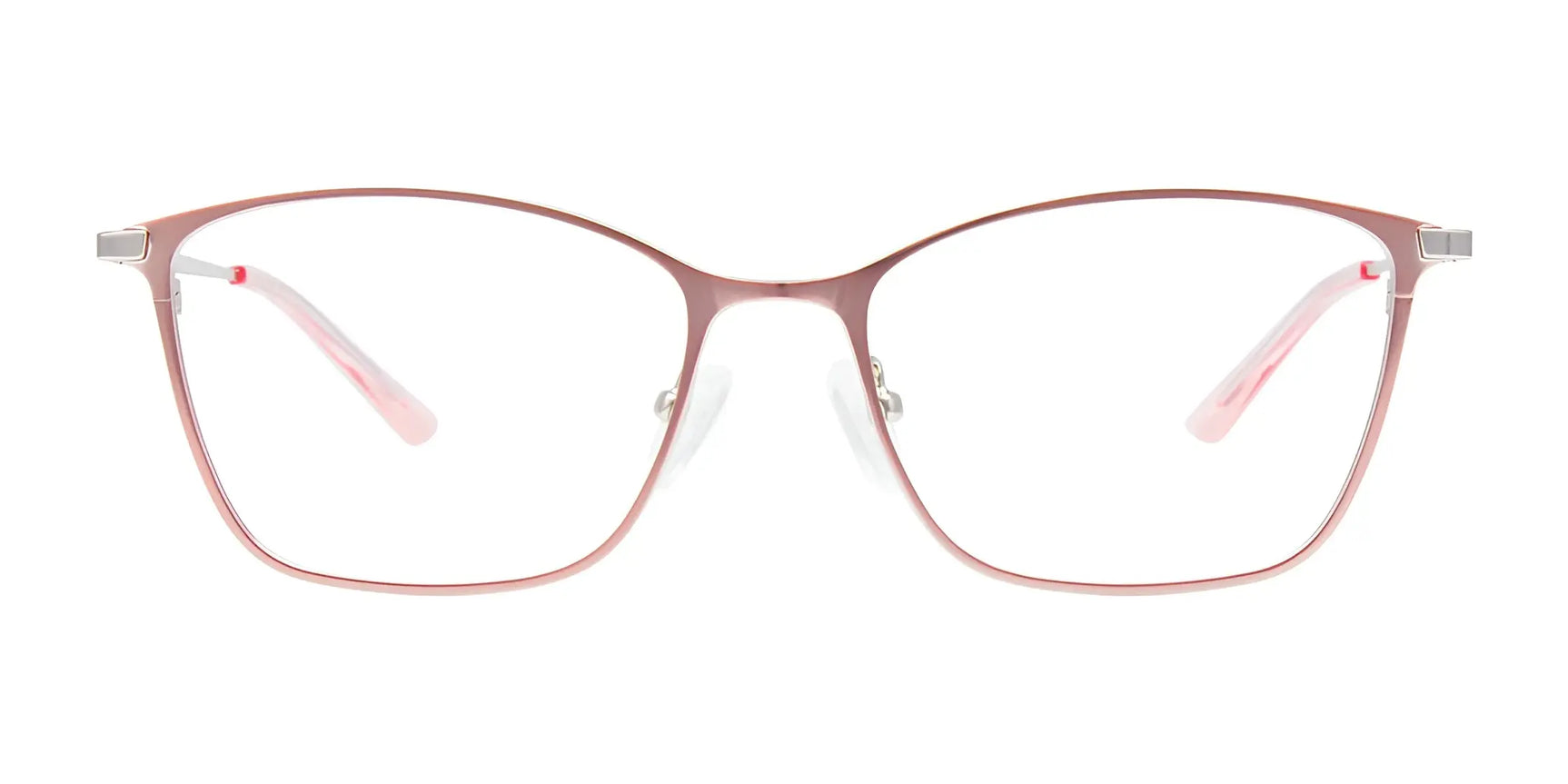 EasyClip EC532 Eyeglasses by EasyClip feature thin pink metal cat-eye frames and clear prescription-ready lenses, shown front-facing against a white background. Includes clip-on sunglasses. Size 54. EasyClip EC532 Eyeglasses by EasyClip feature thin pink metal cat-eye frames and clear prescription-ready lenses, shown front-facing against a white background. Includes clip-on sunglasses. Size 54.