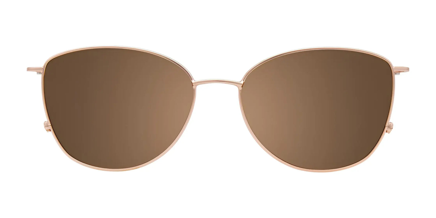 EasyClip EC534 Eyeglasses with Clip-on Sunglasses, size 54, featuring gold cat eye frames and brown tinted clip-on lenses, are showcased on a white background. EasyClip EC534 Eyeglasses with Clip-on Sunglasses, size 54, featuring gold cat eye frames and brown tinted clip-on lenses, are showcased on a white background.