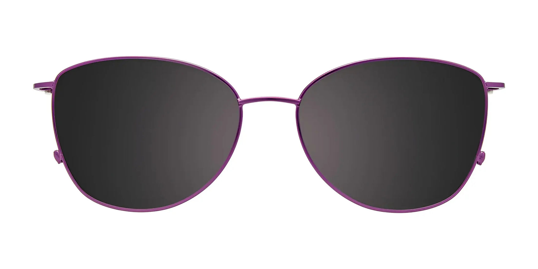 Front view of EasyClip EC534 Eyeglasses with Clip-on Sunglasses, featuring thin purple metal frames and dark lenses, by EasyClip, size 54, displayed on a white background. Front view of EasyClip EC534 Eyeglasses with Clip-on Sunglasses, featuring thin purple metal frames and dark lenses, by EasyClip, size 54, displayed on a white background.