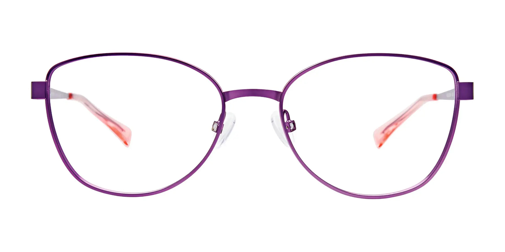 EasyClip EC534 eyeglasses by EasyClip feature purple metal round frames with pink temple tips, shown on a white background. Includes EasyClip technology for convenient clip-on sunglasses. Size 54. EasyClip EC534 eyeglasses by EasyClip feature purple metal round frames with pink temple tips, shown on a white background. Includes EasyClip technology for convenient clip-on sunglasses. Size 54.