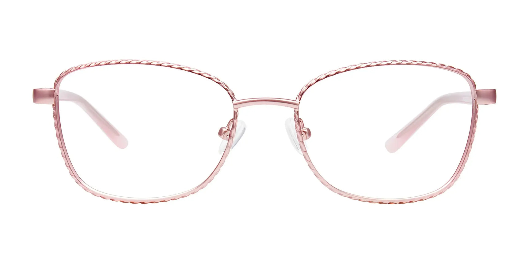 The EasyClip EC535 Eyeglasses by EasyClip feature pink metal square frames with twisted rim design and come with convenient clip-on sunglasses, shown on a white background. Size 54. The EasyClip EC535 Eyeglasses by EasyClip feature pink metal square frames with twisted rim design and come with convenient clip-on sunglasses, shown on a white background. Size 54.
