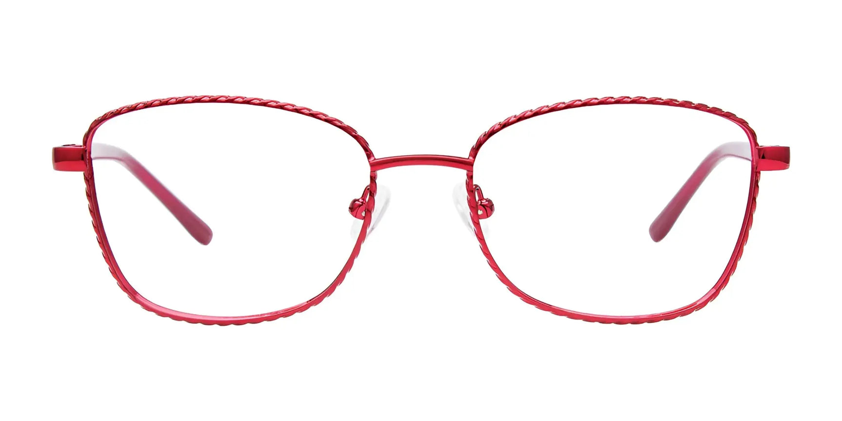 The EasyClip EC535 Eyeglasses feature large red metal square frames with a subtle rope-like edge, plus clip-on sunglasses for effortless style and versatility. Size 54 by EasyClip. The EasyClip EC535 Eyeglasses feature large red metal square frames with a subtle rope-like edge, plus clip-on sunglasses for effortless style and versatility. Size 54 by EasyClip.