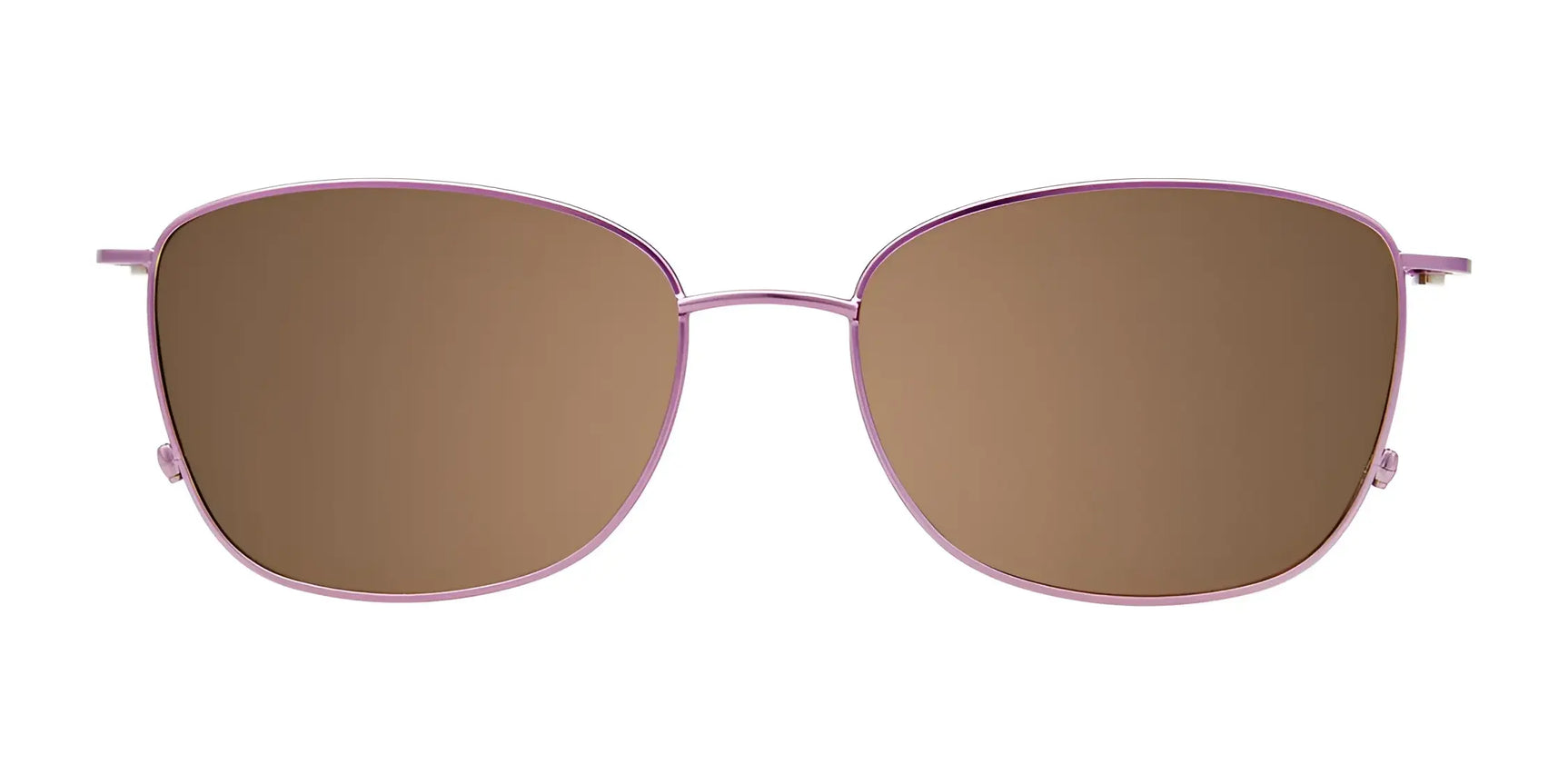 EasyClip EC535 Eyeglasses with thin, light pink metal frames and clip-on brown polarized sunglasses by EasyClip, Size 54, shown on a white background. EasyClip EC535 Eyeglasses with thin, light pink metal frames and clip-on brown polarized sunglasses by EasyClip, Size 54, shown on a white background.