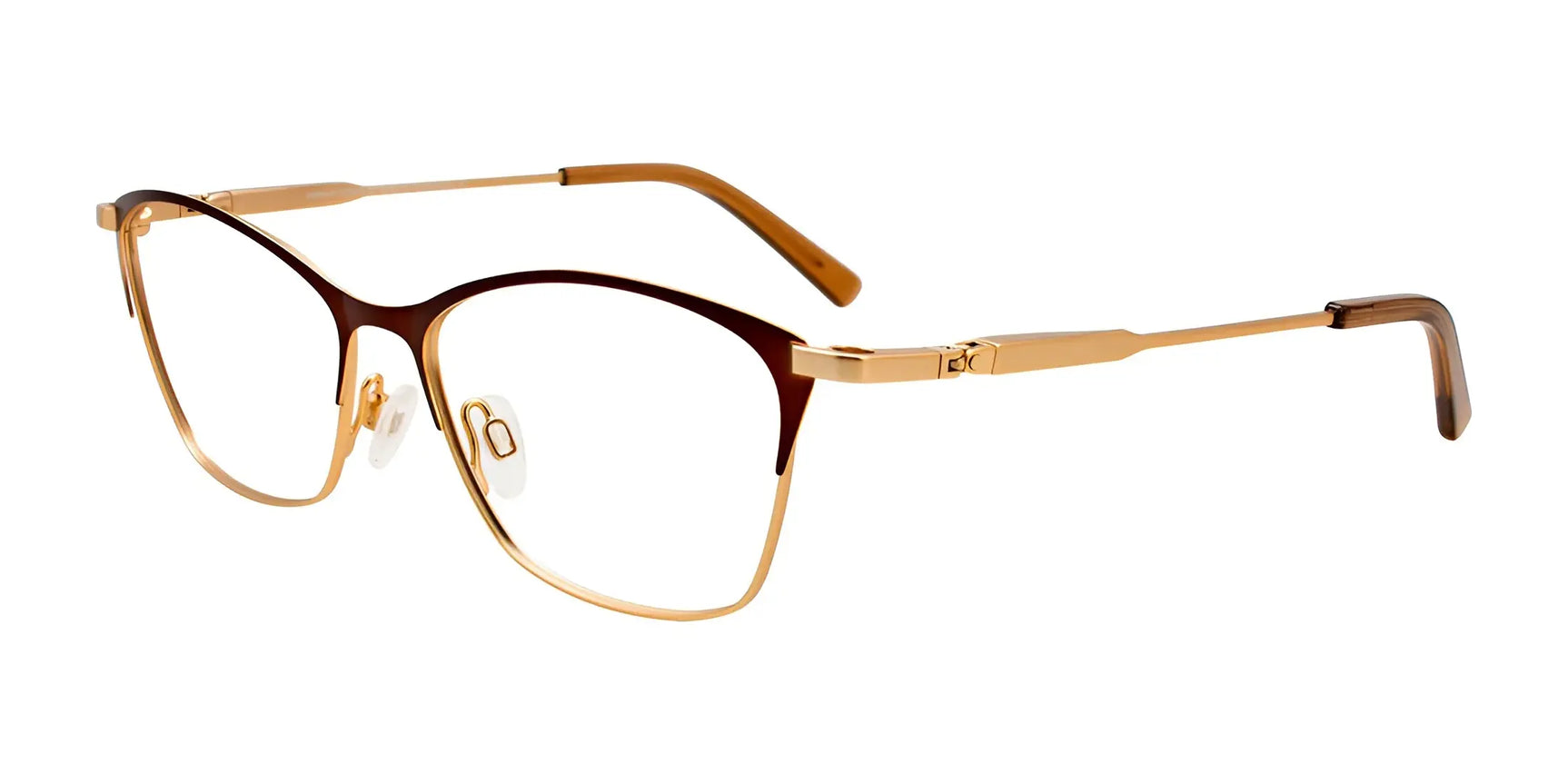 EasyClip EC541 Eyeglasses with Clip-on Sunglasses, Size 53, gold and brown cat eye frames with clear nose pads by EasyClip, shown on a white background. EasyClip EC541 Eyeglasses with Clip-on Sunglasses, Size 53, gold and brown cat eye frames with clear nose pads by EasyClip, shown on a white background.