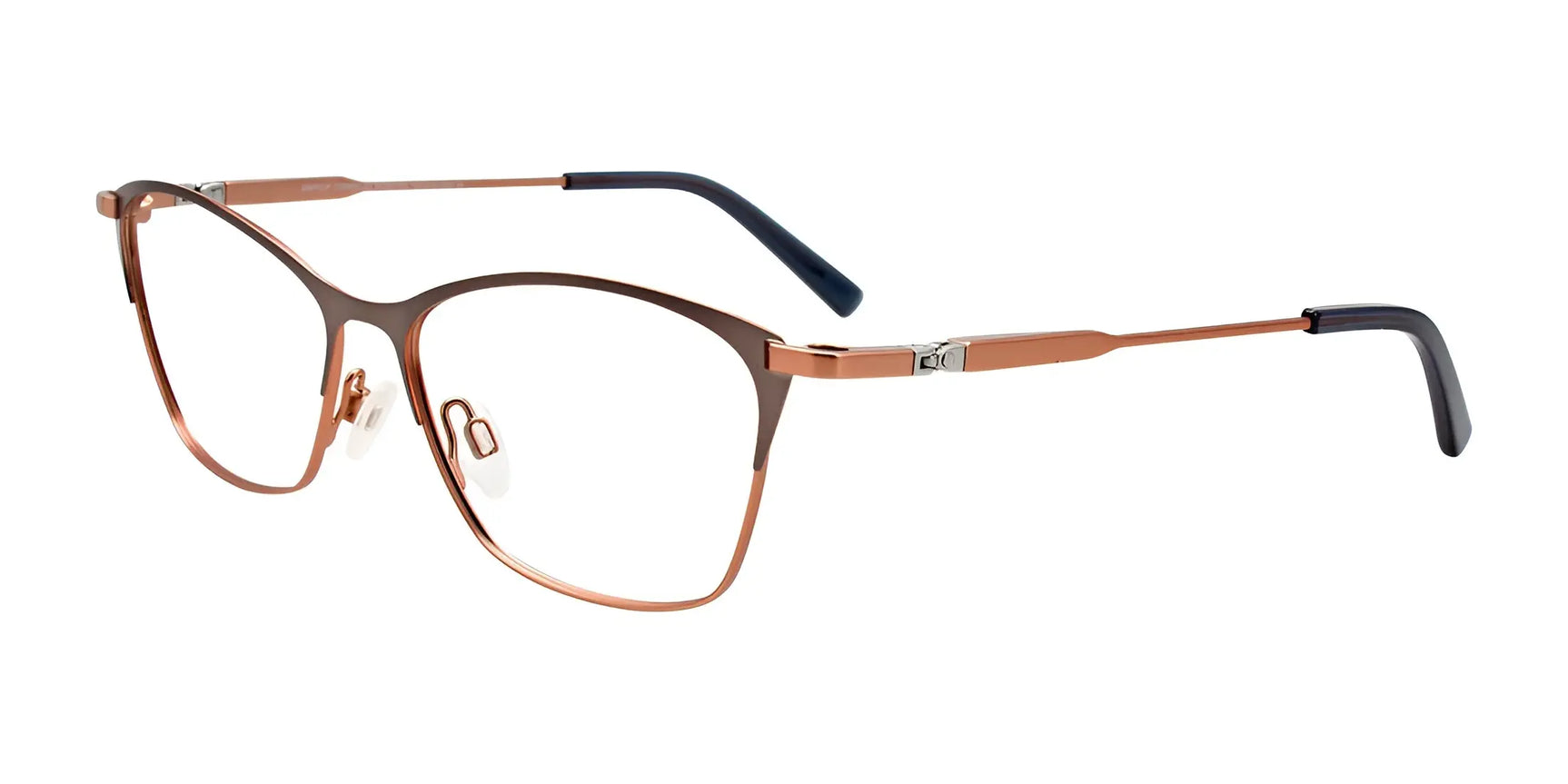 EasyClip EC541 Eyeglasses with Clip-on Sunglasses in rose gold feature thin frames, clear nose pads, and dark temple tips. These stylish cat eye glasses by EasyClip blend modern flair with timeless elegance. Size 53 shown on a white background. EasyClip EC541 Eyeglasses with Clip-on Sunglasses in rose gold feature thin frames, clear nose pads, and dark temple tips. These stylish cat eye glasses by EasyClip blend modern flair with timeless elegance. Size 53 shown on a white background.