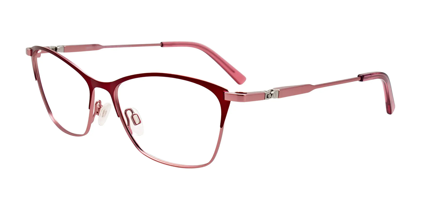 EasyClip EC541 eyeglasses with clip-on sunglasses, in red and pink cat eye frames and clear nose pads, shown on a white background. EasyClip EC541 eyeglasses with clip-on sunglasses, in red and pink cat eye frames and clear nose pads, shown on a white background.