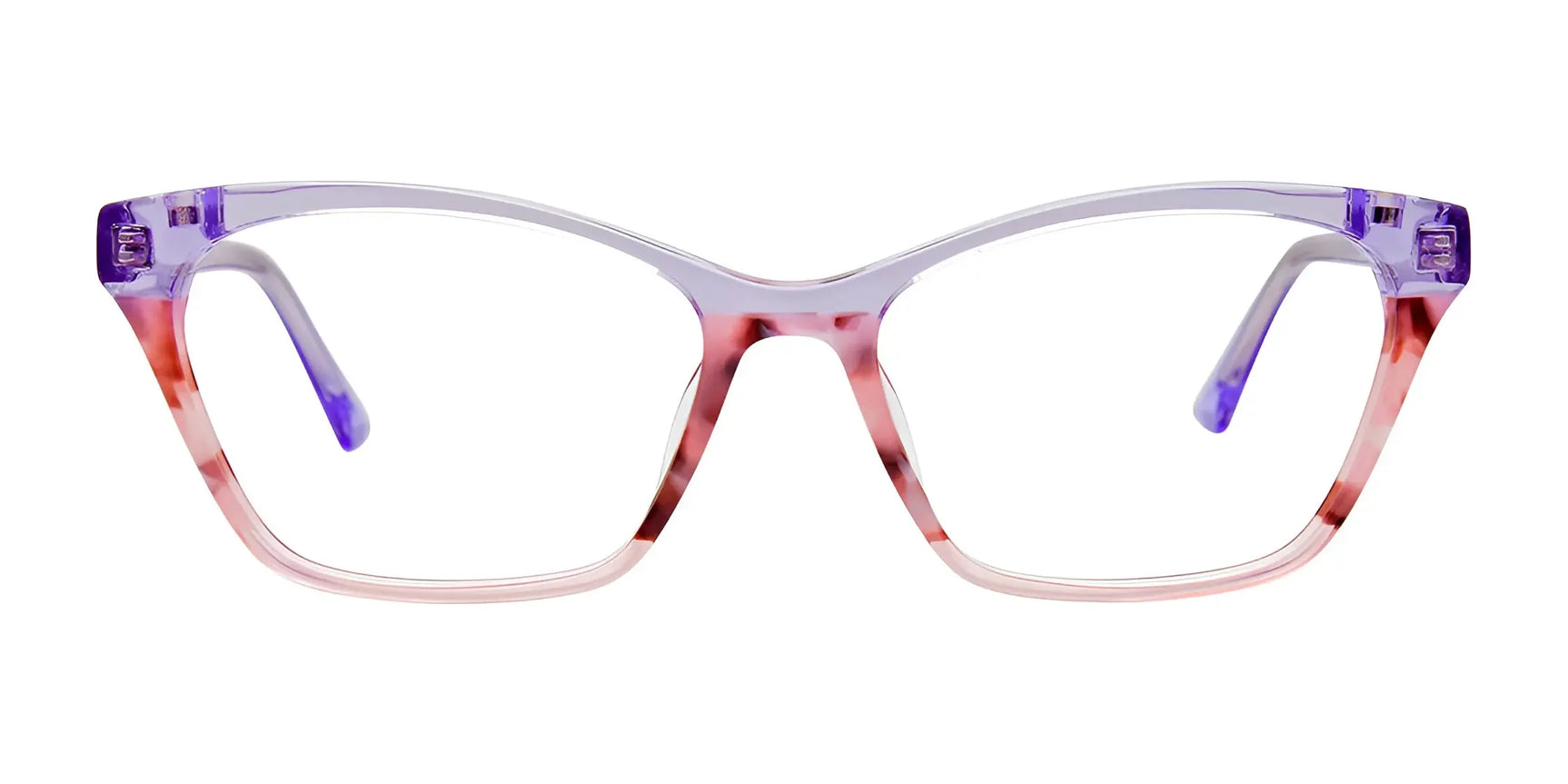 EasyClip EC542 Eyeglasses with Clip-on Sunglasses, size 55, in a purple and pink gradient rectangular frame with clear lenses, displayed on a white background. EasyClip EC542 Eyeglasses with Clip-on Sunglasses, size 55, in a purple and pink gradient rectangular frame with clear lenses, displayed on a white background.