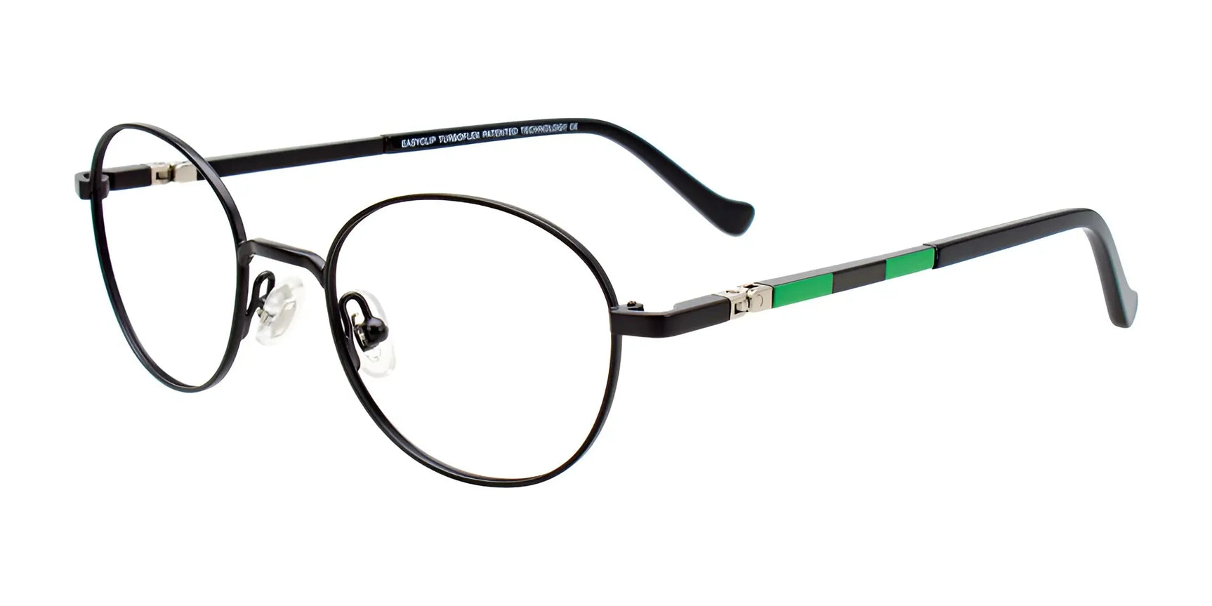 The EasyClip EC543 Eyeglasses | Size 44 feature a black round frame, green and black striped arms, silver accents, clear nose pads, and durable construction for lasting style. The EasyClip EC543 Eyeglasses | Size 44 feature a black round frame, green and black striped arms, silver accents, clear nose pads, and durable construction for lasting style.