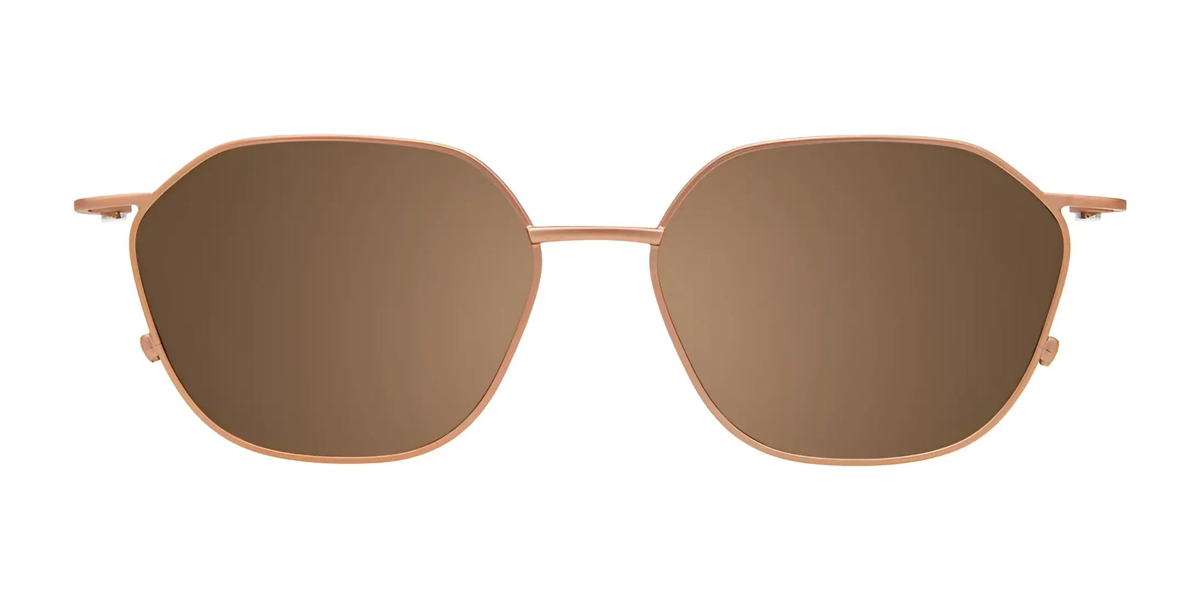 EasyClip EC550 Eyeglasses with Clip-on Sunglasses by EasyClip, size 52, shown from the front on a white background. Features brown geometric sunglasses with thin gold frames and UV protection. EasyClip EC550 Eyeglasses with Clip-on Sunglasses by EasyClip, size 52, shown from the front on a white background. Features brown geometric sunglasses with thin gold frames and UV protection.