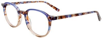 The EasyClip EC551 Eyeglasses | Size 48 feature round frames in Bleu & Brown Marbled, Blue, and Light Brown tones for a unique, stylish look by EasyClip.