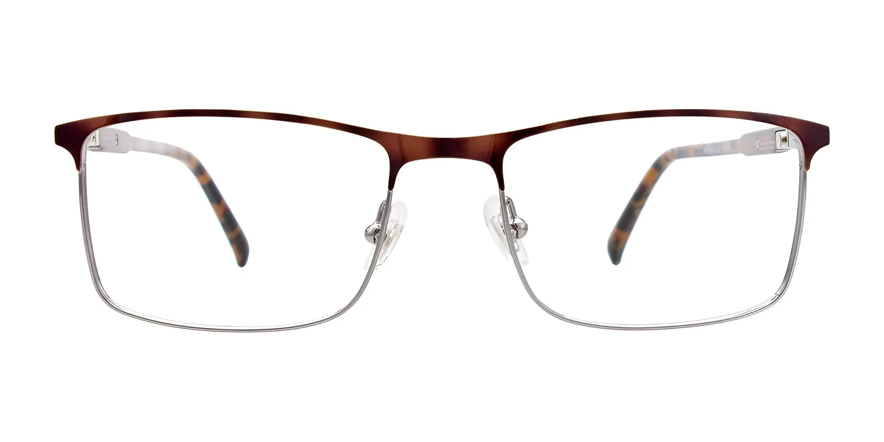 EasyClip EC554 Eyeglasses | Size 50: luxury rectangular frames with thin metal, brown upper rims, and tortoiseshell-patterned temples. Prescription ready by EasyClip. EasyClip EC554 Eyeglasses | Size 50: luxury rectangular frames with thin metal, brown upper rims, and tortoiseshell-patterned temples. Prescription ready by EasyClip.