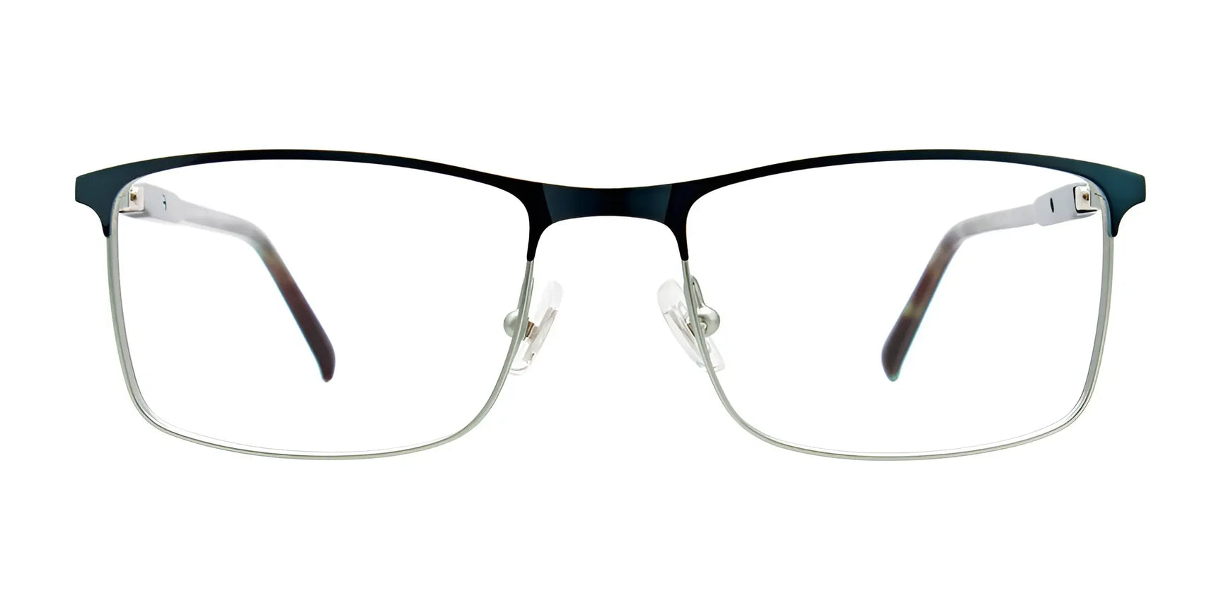 EasyClip EC554 eyeglasses by EasyClip, size 50, are luxury rectangular metal frames with a black top rim and silver lower rim, prescription ready and shown from the front on a white background. EasyClip EC554 eyeglasses by EasyClip, size 50, are luxury rectangular metal frames with a black top rim and silver lower rim, prescription ready and shown from the front on a white background.