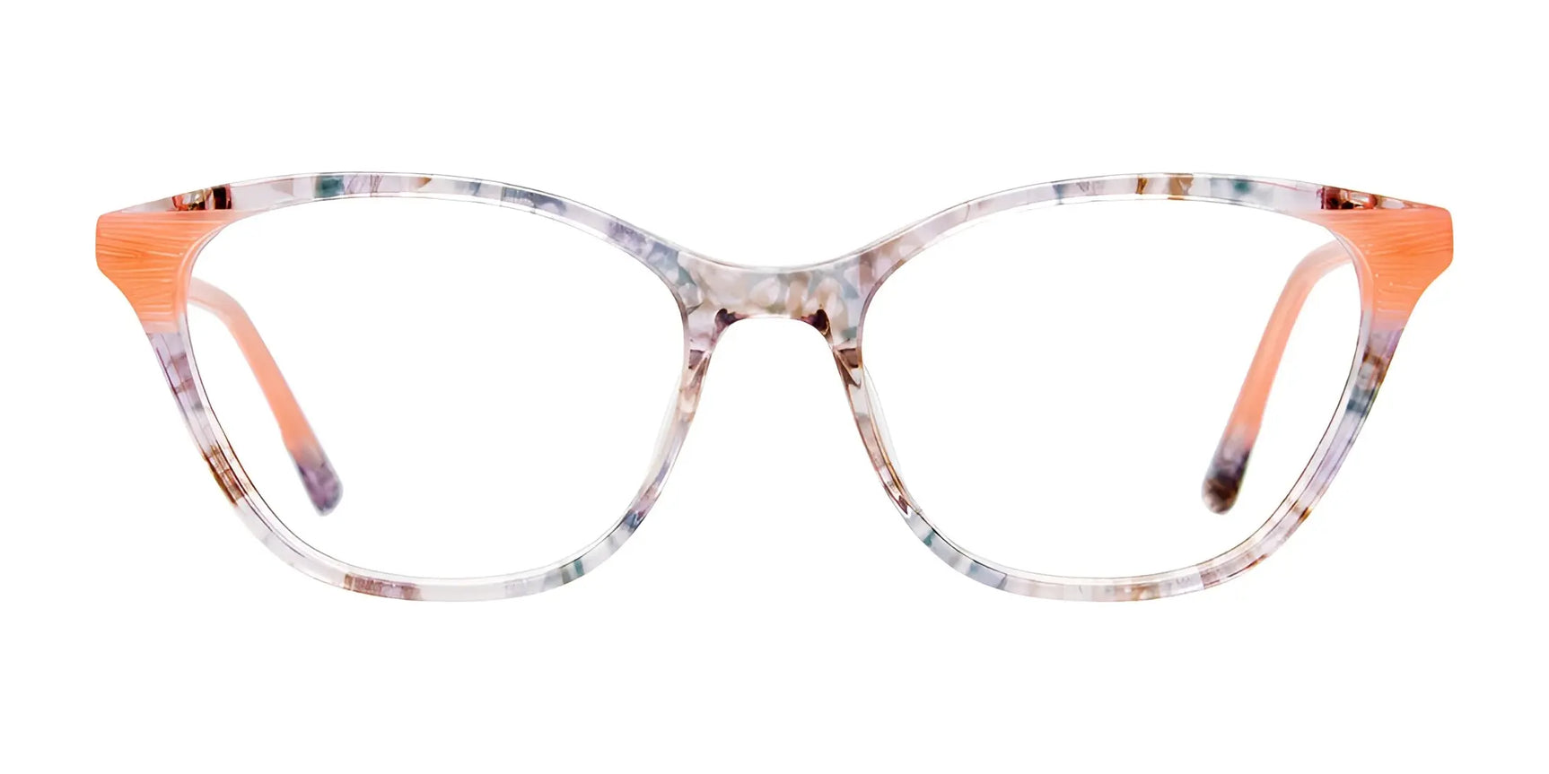 EasyClip EC556 Eyeglasses by EasyClip feature cat-eye frames with a multicolor pattern and orange accents, and include a convenient clip-on sunglasses attachment. EasyClip EC556 Eyeglasses by EasyClip feature cat-eye frames with a multicolor pattern and orange accents, and include a convenient clip-on sunglasses attachment.
