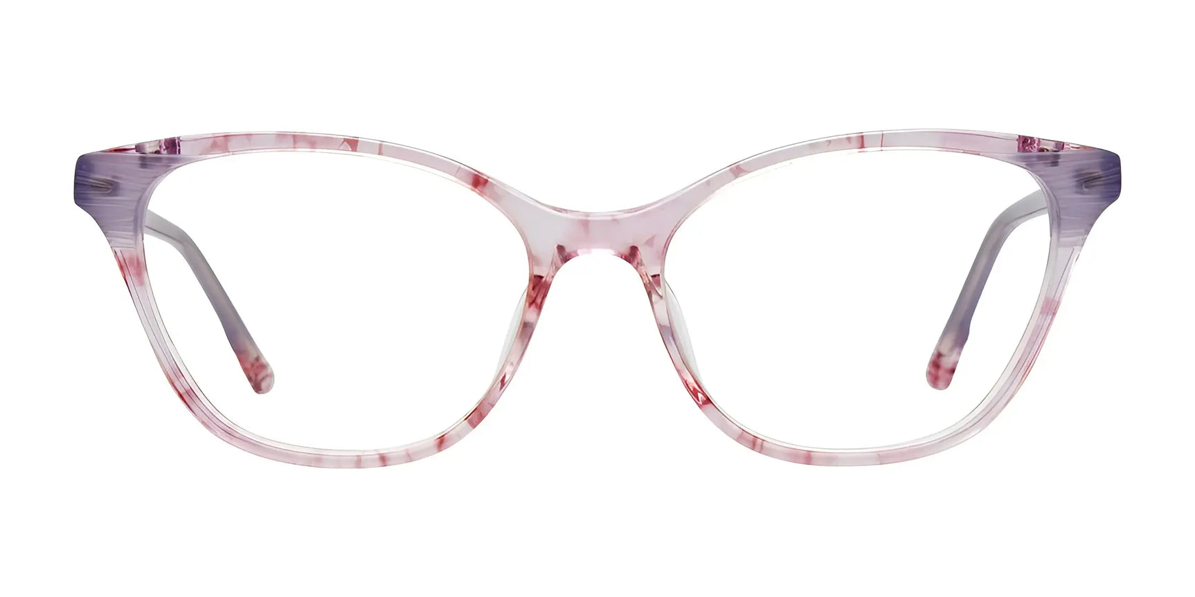 The EasyClip EC556 Eyeglasses by EasyClip feature translucent pink and purple marbled cat-eye frames, viewed from the front, and come with a polarized clip-on sunglasses for enhanced style and sun protection. The EasyClip EC556 Eyeglasses by EasyClip feature translucent pink and purple marbled cat-eye frames, viewed from the front, and come with a polarized clip-on sunglasses for enhanced style and sun protection.