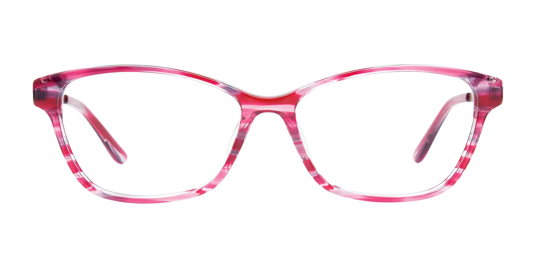 Front view of pink, transparent EasyClip EC562 cat-eye eyeglasses with clip-on sunglasses, size 56, shown on a white background. Front view of pink, transparent EasyClip EC562 cat-eye eyeglasses with clip-on sunglasses, size 56, shown on a white background.