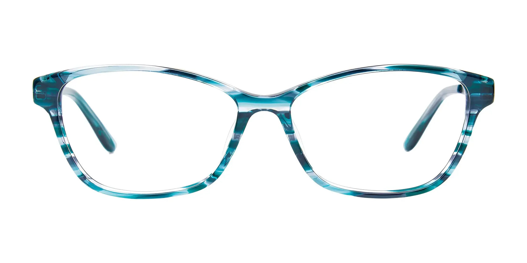 EasyClip EC562 Eyeglasses with rectangular blue and teal marbled frames and included clip-on sunglasses by EasyClip, size 56, displayed on a white background. EasyClip EC562 Eyeglasses with rectangular blue and teal marbled frames and included clip-on sunglasses by EasyClip, size 56, displayed on a white background.