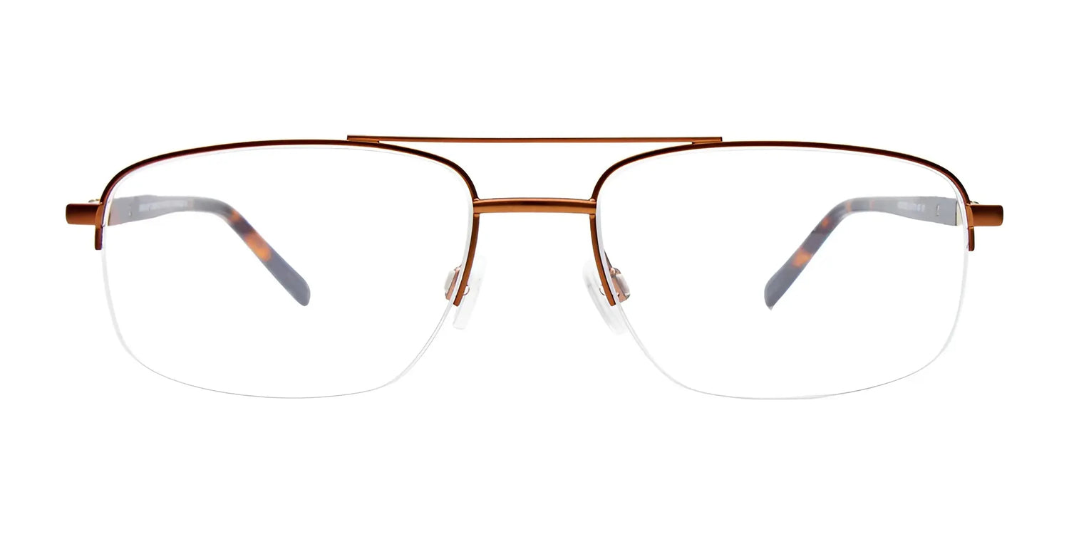 EasyClip EC565 Eyeglasses by EasyClip in brown, aviator-style with a double bridge and semi-rimless frames, shown on a white background. Includes clip-on sunglasses. Size 57. EasyClip EC565 Eyeglasses by EasyClip in brown, aviator-style with a double bridge and semi-rimless frames, shown on a white background. Includes clip-on sunglasses. Size 57.