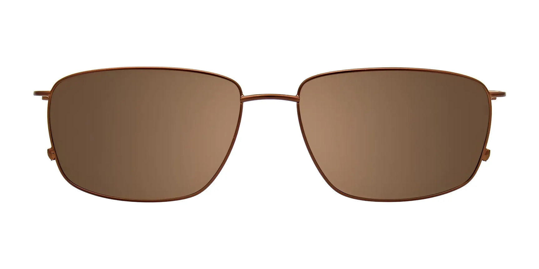 The EasyClip EC567 Eyeglasses with Clip-on Sunglasses (Size 56) by EasyClip feature brown rectangular frames with a thin metal design, shown from the front. The polarized clip-on provides reliable UV protection for comfortable outdoor wear. The EasyClip EC567 Eyeglasses with Clip-on Sunglasses (Size 56) by EasyClip feature brown rectangular frames with a thin metal design, shown from the front. The polarized clip-on provides reliable UV protection for comfortable outdoor wear.