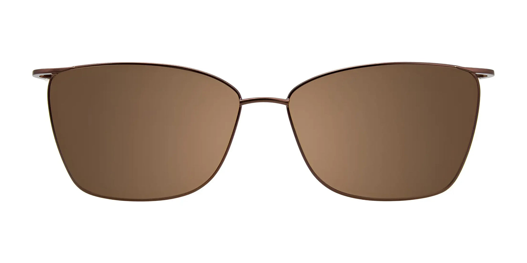 The EasyClip EC570 Eyeglasses with Clip-on Sunglasses by EasyClip feature brown cat-eye frames, thin metal temples, and brown-tinted polarized clip-on lenses, displayed on a white background. Size 56. The EasyClip EC570 Eyeglasses with Clip-on Sunglasses by EasyClip feature brown cat-eye frames, thin metal temples, and brown-tinted polarized clip-on lenses, displayed on a white background. Size 56.