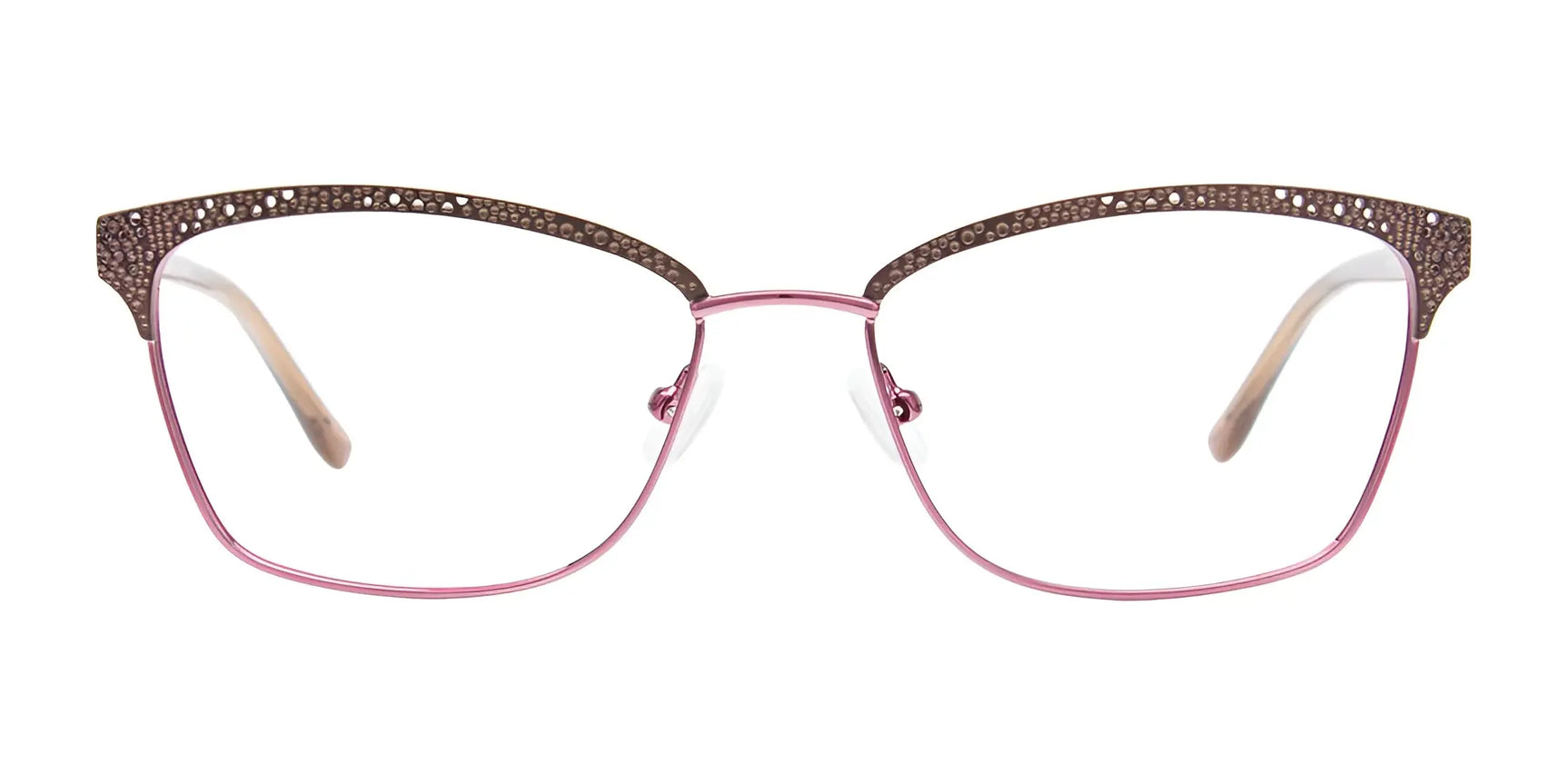 EasyClip EC570 Eyeglasses by EasyClip feature pink cat-eye frames with brown, rhinestone-studded upper rims. Includes compatible clip-on sunglasses for added convenience. Size 56. Set against a white background. EasyClip EC570 Eyeglasses by EasyClip feature pink cat-eye frames with brown, rhinestone-studded upper rims. Includes compatible clip-on sunglasses for added convenience. Size 56. Set against a white background.