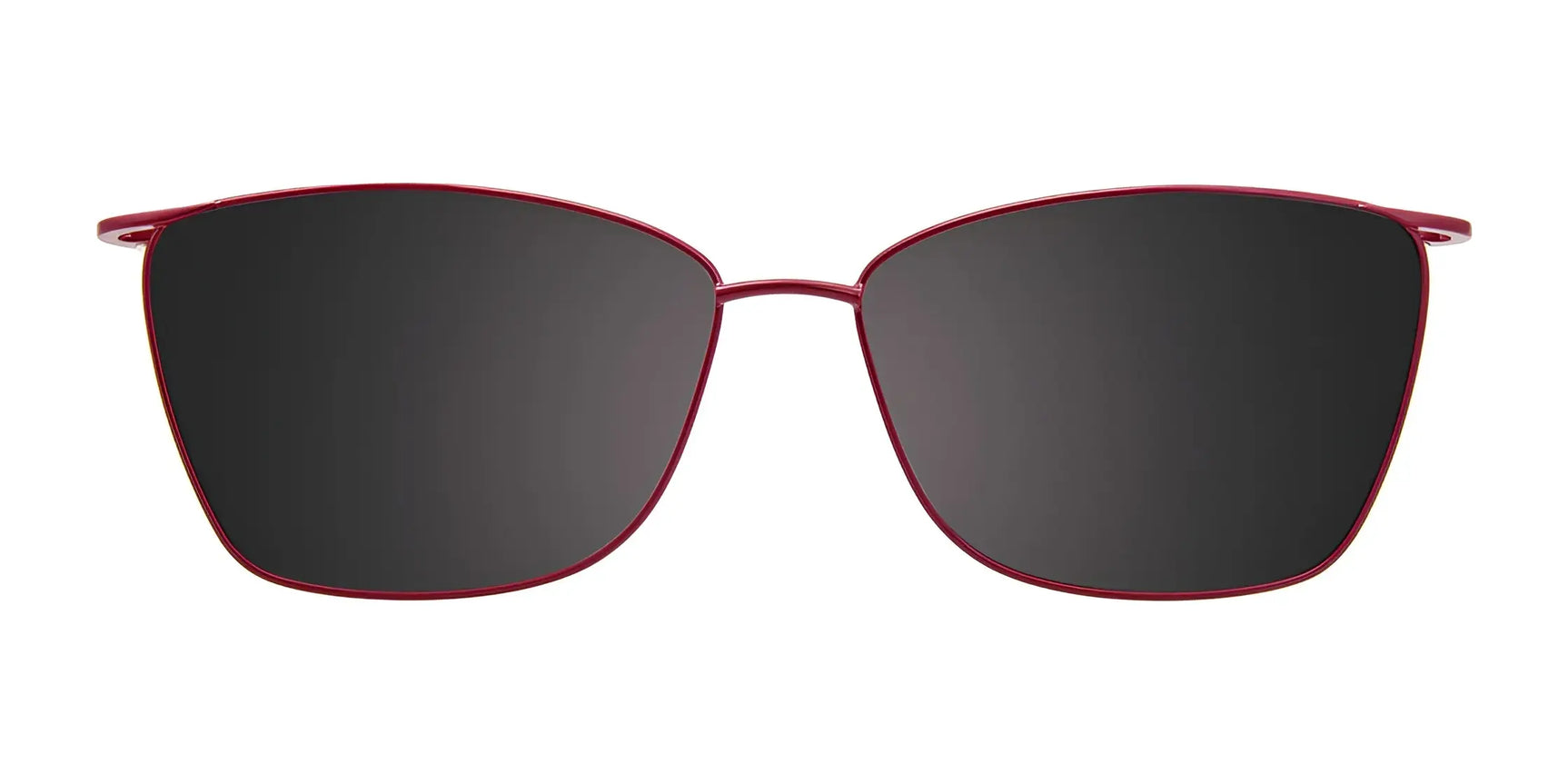 Front view of EasyClip EC570 eyeglasses with black polarized clip-on sunglasses and thin red metal frames, size 56, by EasyClip, shown on a white background. Front view of EasyClip EC570 eyeglasses with black polarized clip-on sunglasses and thin red metal frames, size 56, by EasyClip, shown on a white background.