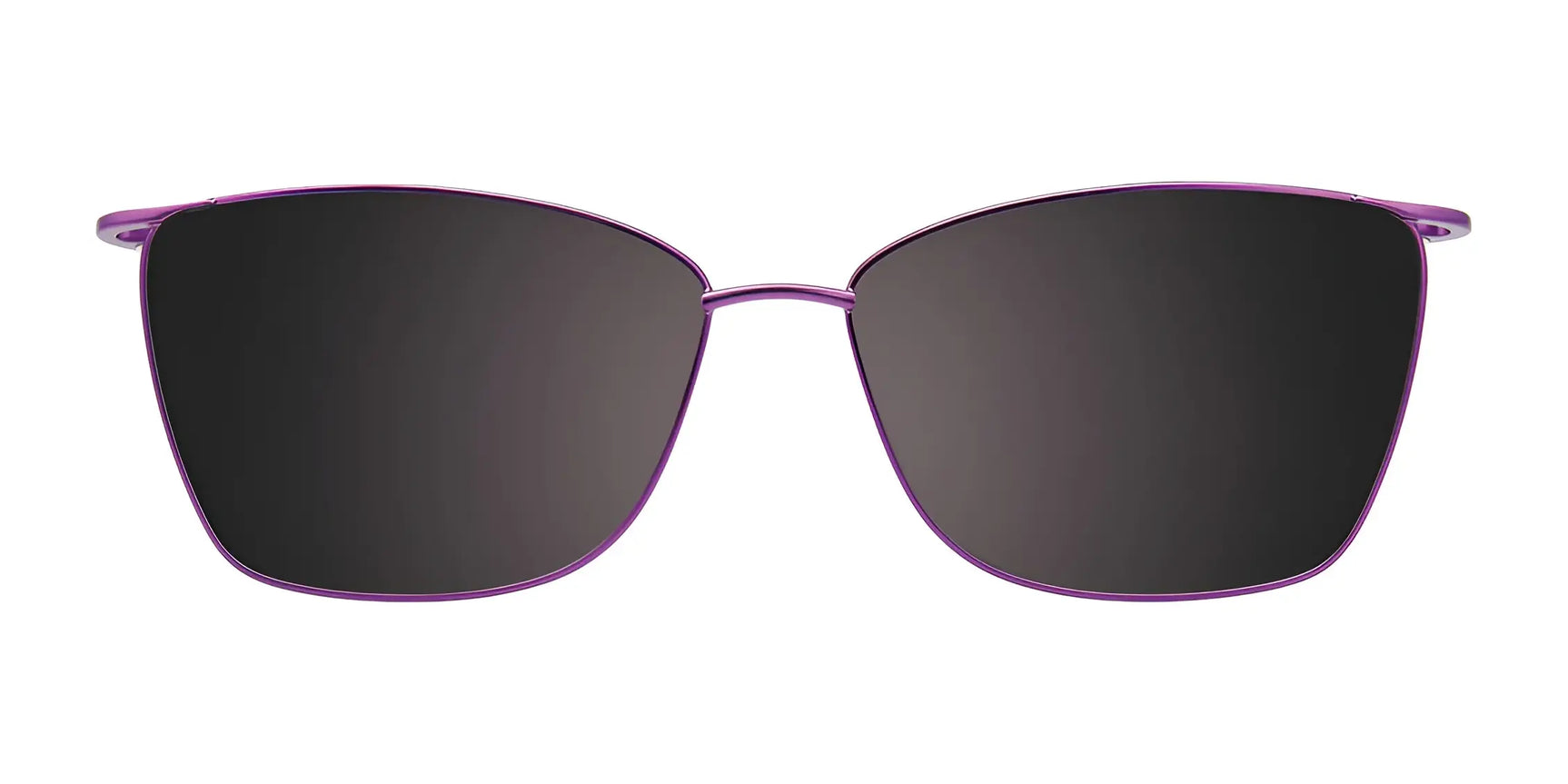 Front view of EasyClip EC570 Eyeglasses with Clip-on Sunglasses, showcasing dark polarized lenses and thin purple metal frames by EasyClip, size 56, against a white background. Front view of EasyClip EC570 Eyeglasses with Clip-on Sunglasses, showcasing dark polarized lenses and thin purple metal frames by EasyClip, size 56, against a white background.
