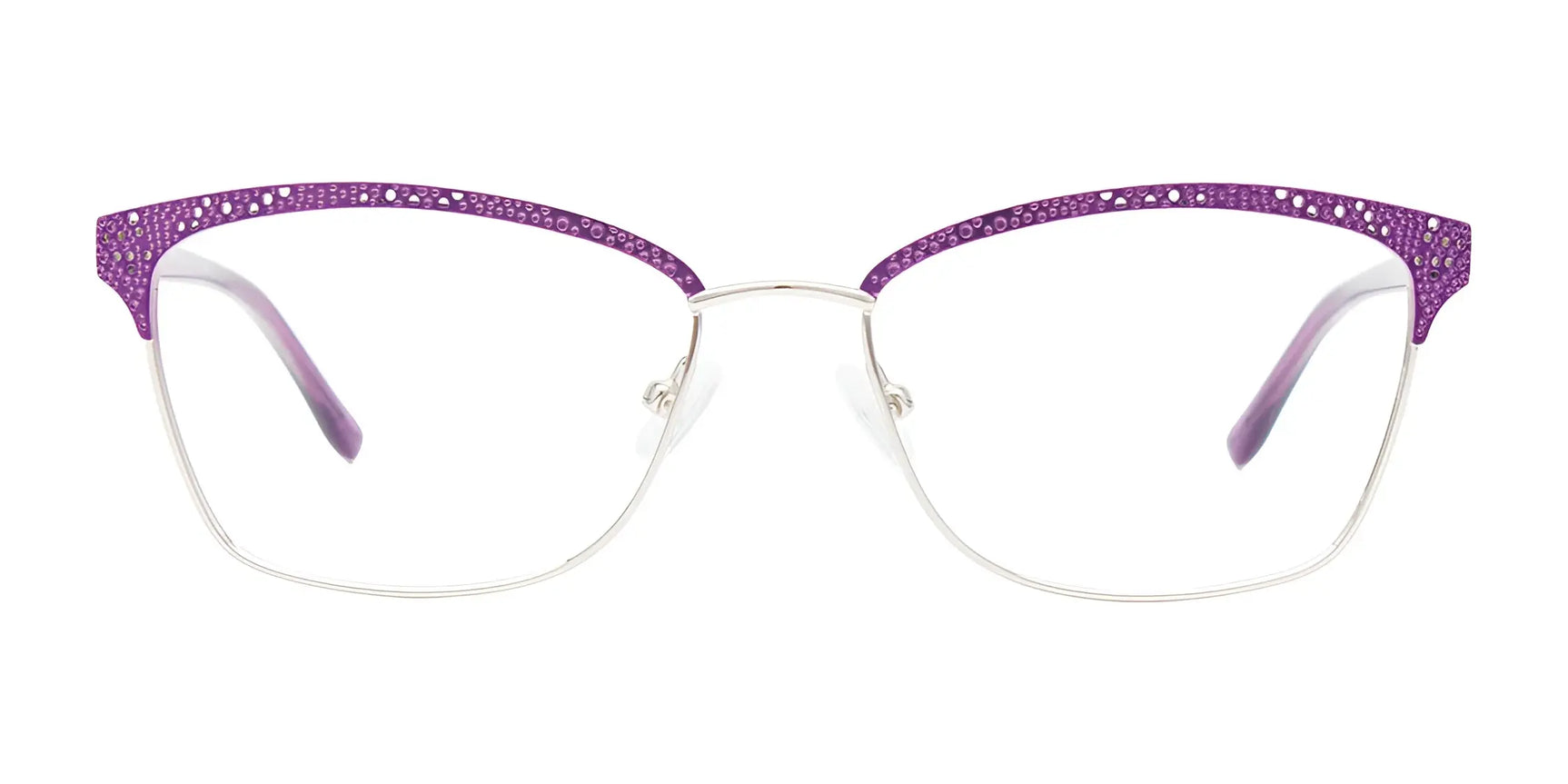 EasyClip EC570 Eyeglasses by EasyClip feature silver frames with purple, textured upper rims and thin fronts. Compatible with included clip-on sunglasses for added convenience. Size 56. EasyClip EC570 Eyeglasses by EasyClip feature silver frames with purple, textured upper rims and thin fronts. Compatible with included clip-on sunglasses for added convenience. Size 56.