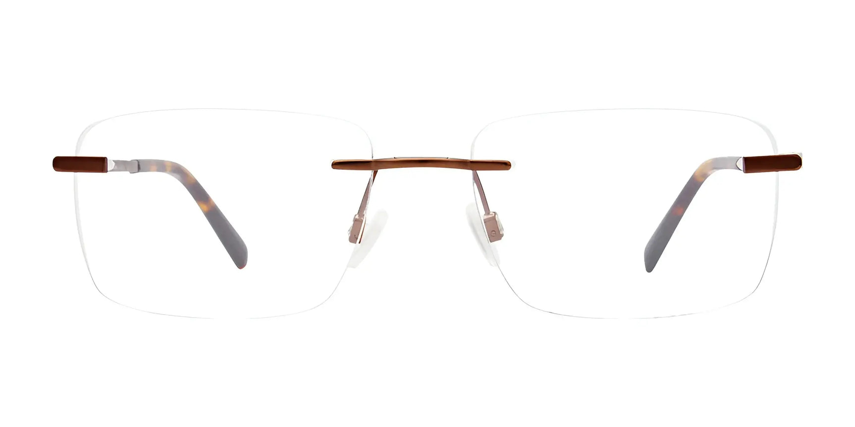 EasyClip EC571 Eyeglasses with brown temples and nose pads, size 54, shown front view on white. Includes compatible clip-on sunglasses for added convenience. Brand: EasyClip. EasyClip EC571 Eyeglasses with brown temples and nose pads, size 54, shown front view on white. Includes compatible clip-on sunglasses for added convenience. Brand: EasyClip.