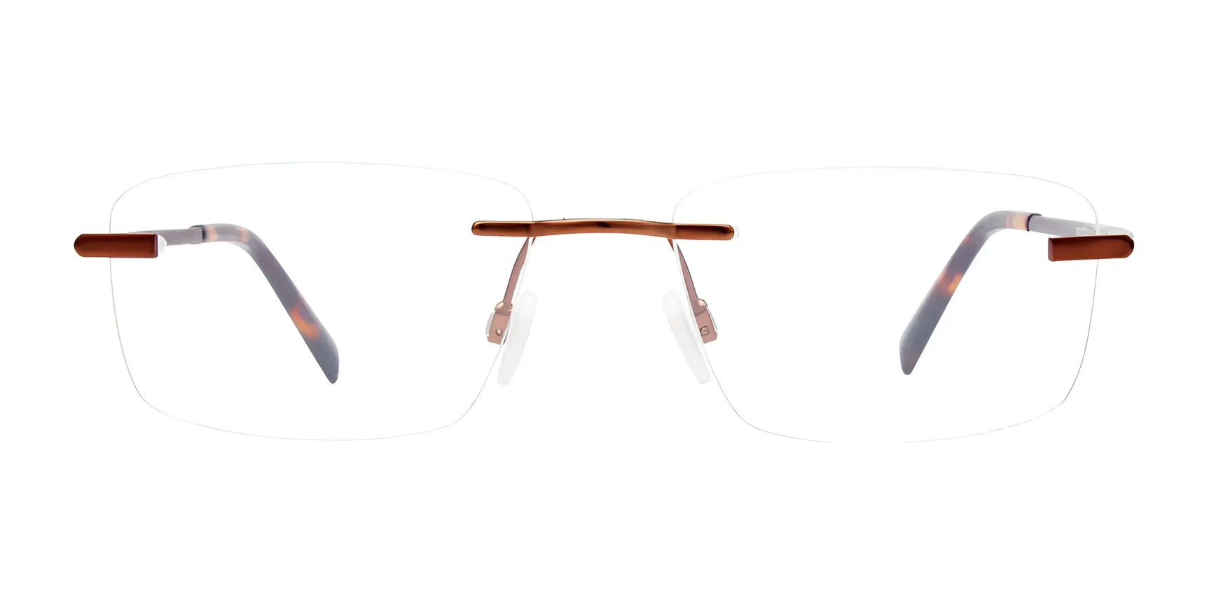 EasyClip EC573 Eyeglasses by EasyClip, shown on a white background, feature a rimless design with thin copper bridge and temples. Size 52. Prescription ready and compatible with clip-on sunglasses. EasyClip EC573 Eyeglasses by EasyClip, shown on a white background, feature a rimless design with thin copper bridge and temples. Size 52. Prescription ready and compatible with clip-on sunglasses.