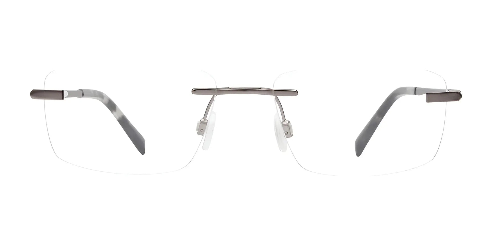 EasyClip EC573 Eyeglasses with Clip-on Sunglasses, size 52, feature a rimless design, thin metal bridge, and gray temple arms. Shown on a white background, this EasyClip style is prescription-ready and includes convenient clip-on sun lenses. EasyClip EC573 Eyeglasses with Clip-on Sunglasses, size 52, feature a rimless design, thin metal bridge, and gray temple arms. Shown on a white background, this EasyClip style is prescription-ready and includes convenient clip-on sun lenses.