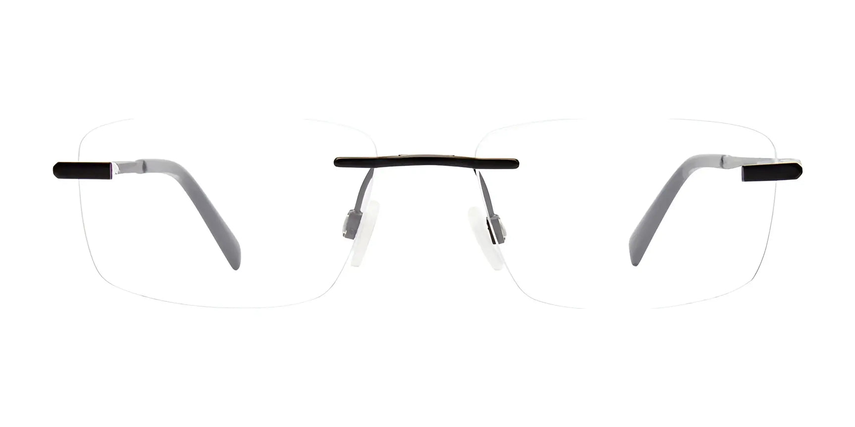EasyClip EC573 Eyeglasses with Clip-on Sunglasses, size 52, feature a black bridge and gray temples. Prescription-ready and from EasyClip, they are shown on a white background. EasyClip EC573 Eyeglasses with Clip-on Sunglasses, size 52, feature a black bridge and gray temples. Prescription-ready and from EasyClip, they are shown on a white background.