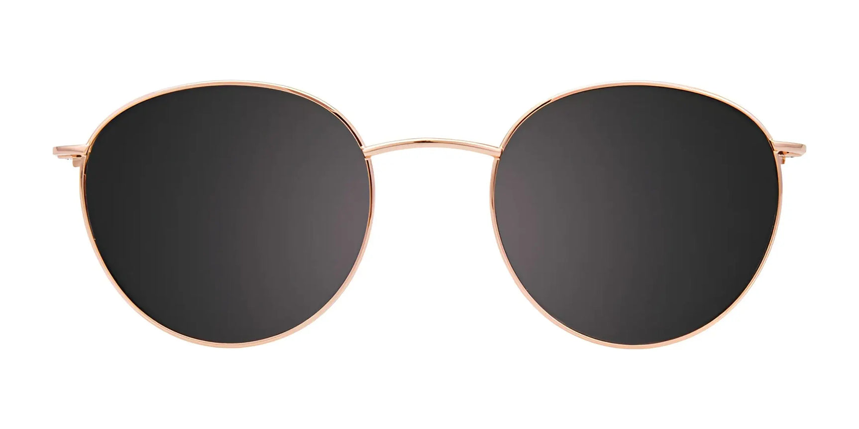 EasyClip EC574 Eyeglasses with Clip-on Sunglasses, Size 49, by EasyClip, featuring thin gold frames and round black polarized clip-on lenses, shown on a white background. EasyClip EC574 Eyeglasses with Clip-on Sunglasses, Size 49, by EasyClip, featuring thin gold frames and round black polarized clip-on lenses, shown on a white background.