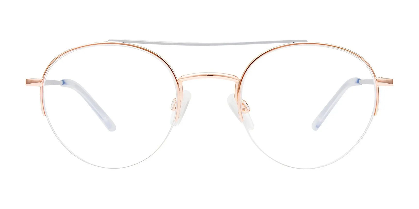 EasyClip EC574 Eyeglasses in gold feature a thin, round metal frame with clear nose pads and come with a convenient clip-on sunglass lens for versatile style and sun protection. Shown in size 49 on a white background. EasyClip EC574 Eyeglasses in gold feature a thin, round metal frame with clear nose pads and come with a convenient clip-on sunglass lens for versatile style and sun protection. Shown in size 49 on a white background.