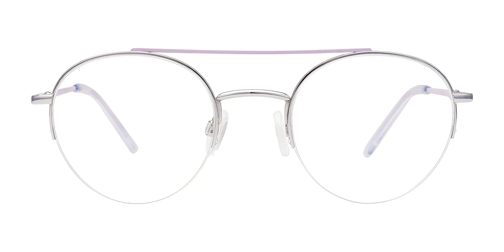 The EasyClip EC574 eyeglasses by EasyClip feature silver round frames with a thin purple top bar, clear nose pads, and light temple tips. Includes clip-on sunglasses for added style and convenience. Size 49. The EasyClip EC574 eyeglasses by EasyClip feature silver round frames with a thin purple top bar, clear nose pads, and light temple tips. Includes clip-on sunglasses for added style and convenience. Size 49.