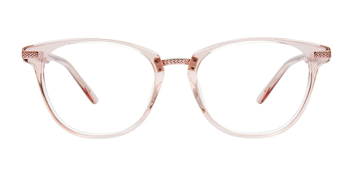 The EasyClip EC576 Eyeglasses by EasyClip feature clear pink round frames with subtle temple and bridge details and come with a polarized clip-on for effortless style and versatility. Size 51. The EasyClip EC576 Eyeglasses by EasyClip feature clear pink round frames with subtle temple and bridge details and come with a polarized clip-on for effortless style and versatility. Size 51.