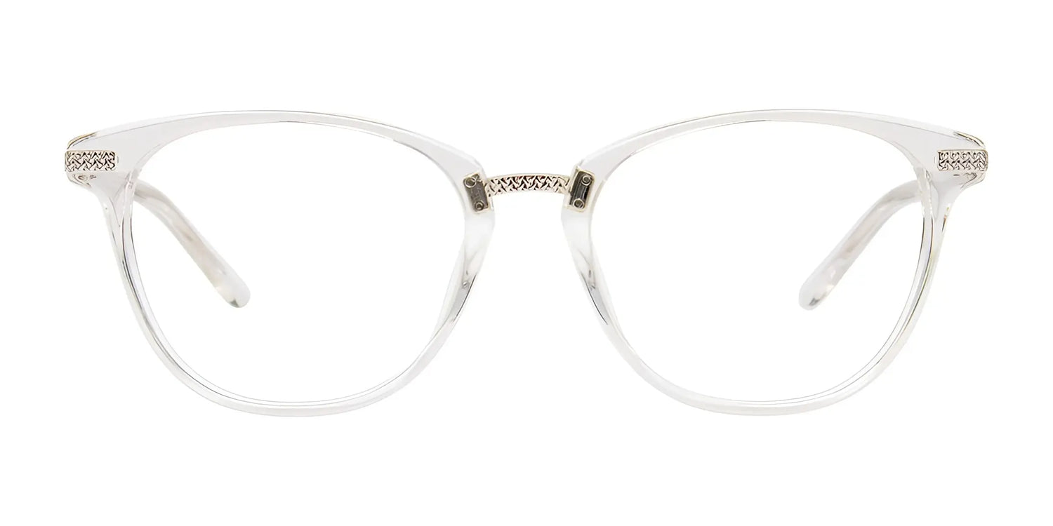 EasyClip EC576 eyeglasses by EasyClip feature a clear frame, subtle silver bridge, and decorative silver temple accents. Includes matching clip-on sunglasses. Size 51, front view. EasyClip EC576 eyeglasses by EasyClip feature a clear frame, subtle silver bridge, and decorative silver temple accents. Includes matching clip-on sunglasses. Size 51, front view.